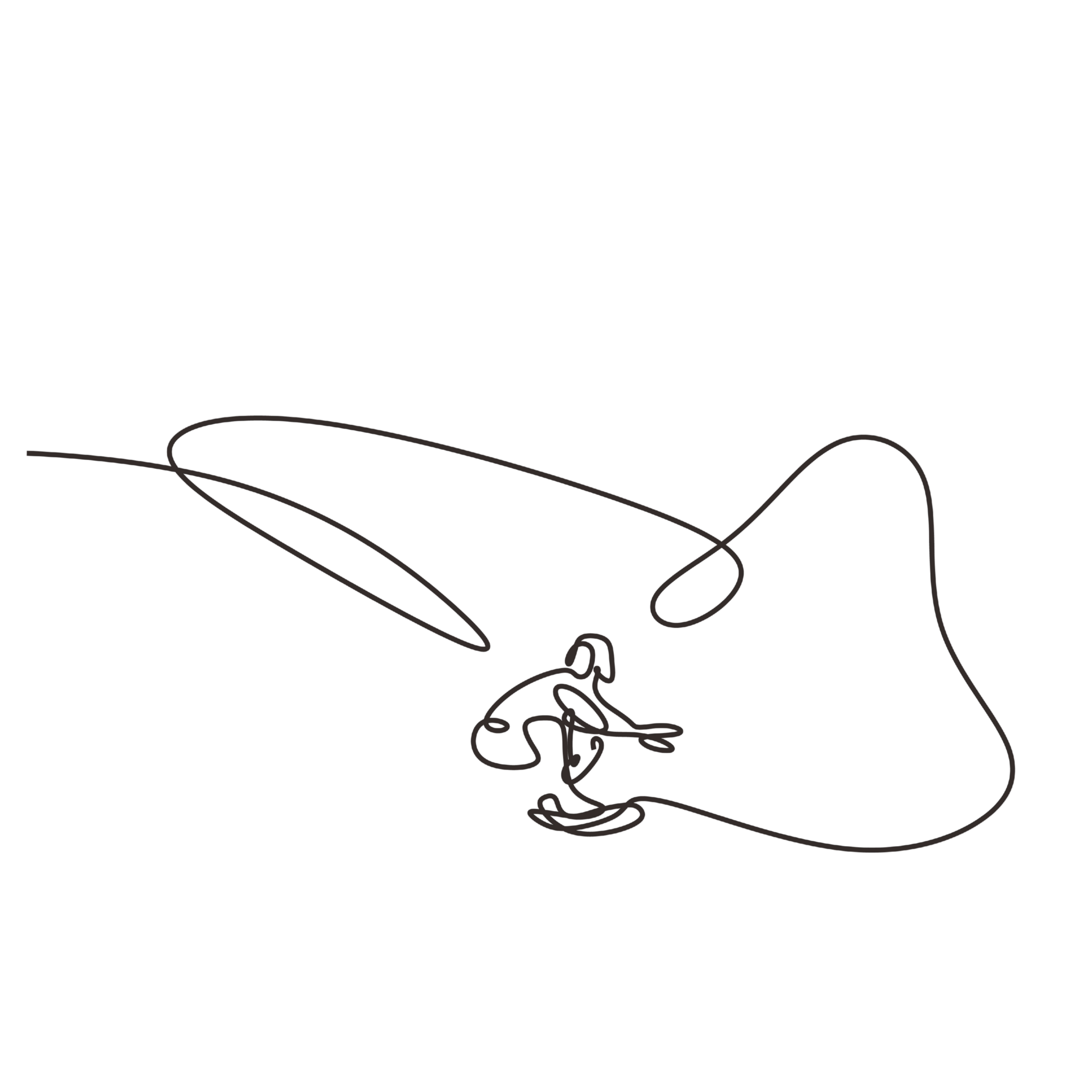 Continuous line drawing of a surfer riding a wave